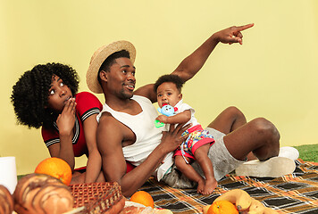 Image showing Happy family having picnic at studio