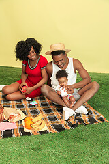 Image showing Happy family having picnic at studio