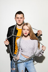 Image showing Close up fashion portrait of two young pretty hipster teens