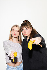 Image showing Close up fashion portrait of two young pretty hipster teens