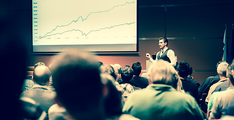 Image showing Business speaker giving a talk at business conference meeting event.