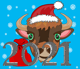 Image showing New approaching holiday 2021 animal oxen on turn blue background