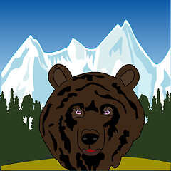 Image showing Wildlife bear on background wood and mountains
