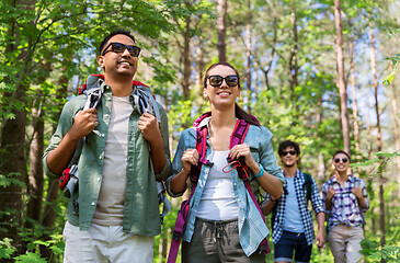 Image showing group of friends with backpacks hiking in forest