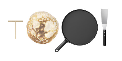 Image showing Pancake, frying pan, spatula and wooden spreader