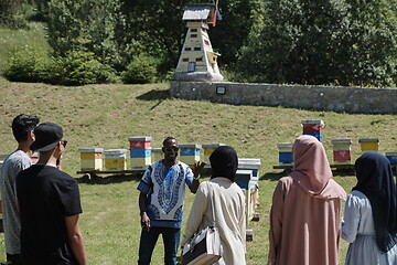 Image showing people group visiting local honey production farm