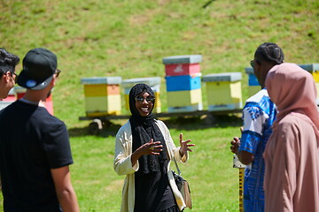 Image showing woman giving presentation to group of business investors on local honey production farm