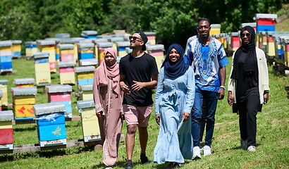 Image showing people group visiting local honey production farm