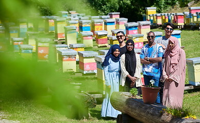 Image showing people group visiting local honey production farm