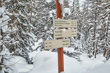 Image showing Winter Snowy Mountain Hiking Signs