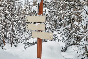 Image showing Winter Snowy Mountain Hiking Signs