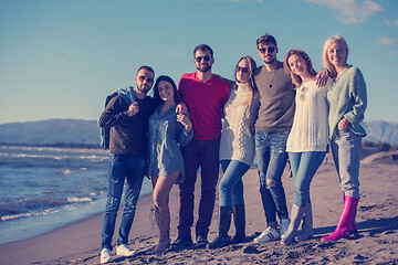 Image showing portrait of friends having fun on beach during autumn day