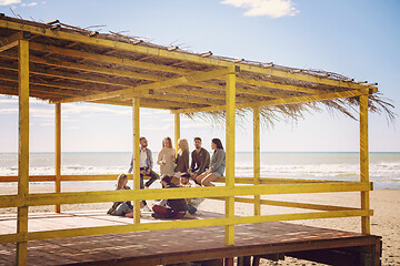 Image showing Group of friends having fun on autumn day at beach