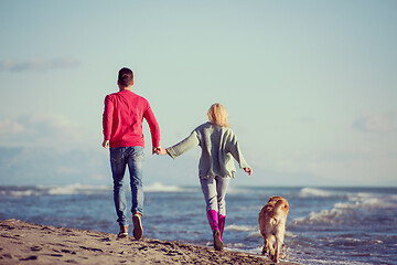 Image showing couple with dog having fun on beach on autmun day