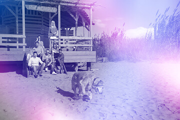 Image showing Group of friends having fun on autumn day at beach