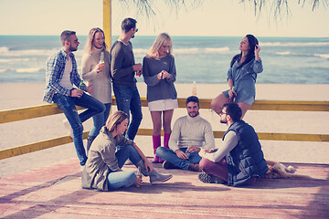 Image showing Group of friends having fun on autumn day at beach