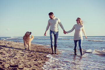 Image showing couple with dog having fun on beach on autmun day