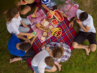 Image showing top view of group friends enjoying picnic time