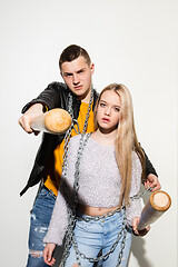 Image showing Close up fashion portrait of two young pretty hipster teens