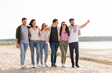 Image showing happy friends walking along summer beach