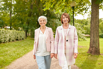 Image showing senior women or friends walking along summer park