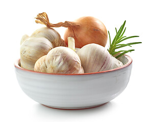 Image showing garlic, onion and rosemary in ceramic bowl