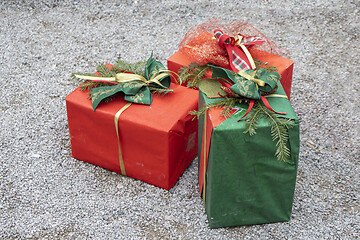Image showing Christmas decorations with Christmas gift boxes