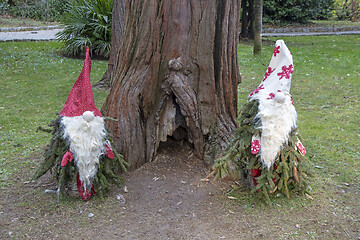 Image showing Small garden dwarfs made of pine twigs as a Christmas decoration