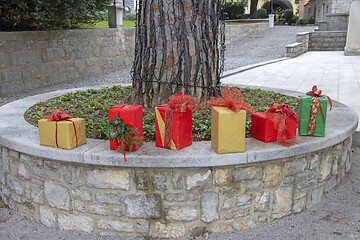 Image showing Christmas decorations with Christmas gift boxes in a city park