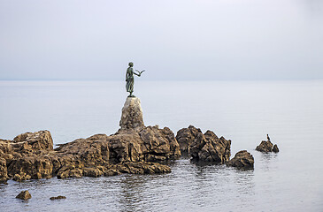 Image showing Sculpture of the woman Mermaid with the sea at Opatija