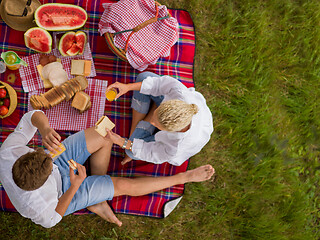 Image showing top view of couple enjoying picnic time