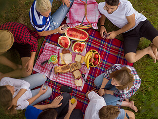 Image showing top view of group friends enjoying picnic time