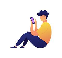 Image showing Young user sitting and texting messages with smartphone vector illustration.