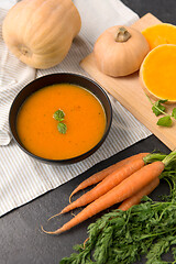 Image showing close up of vegetable pumpkin cream soup in bowl