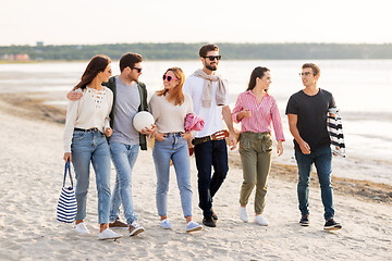 Image showing happy friends walking along summer beach