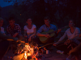 Image showing young friends relaxing around campfire