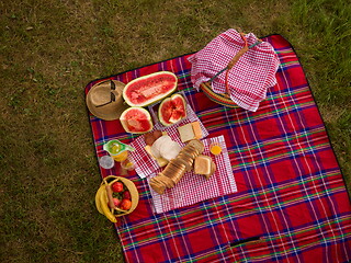 Image showing top view of picnic blanket setting on the grass