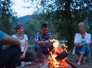 Image showing young friends relaxing around campfire