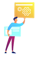 Image showing Web designer holding web pages with gears and lines vector illustration.