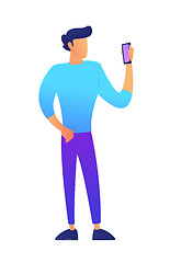 Image showing Male vlogger standing and using smartphone vector illustration.