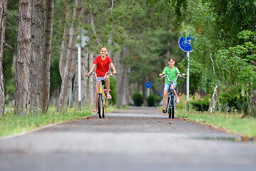 Image showing Two girlfriends ride a bike along the paths in the park