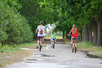 Image showing Mom with two children ride a bike in the park in the morning, back view