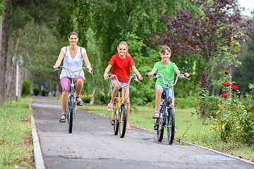 Image showing Mom with two children ride a bike in the park in the morning