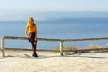 Image showing The girl sat down on a fence made of a wooden frame against the background of the sea