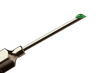 Image showing Drop of green liquid at the tip of a hypodermic needle