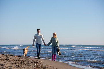 Image showing couple with dog having fun on beach on autmun day