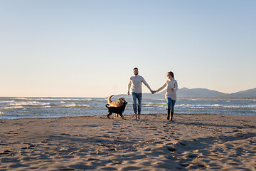 Image showing couple with dog having fun on beach on autmun day