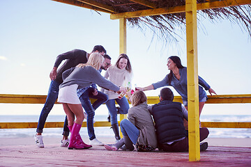 Image showing Group of friends having fun on autumn day at beach