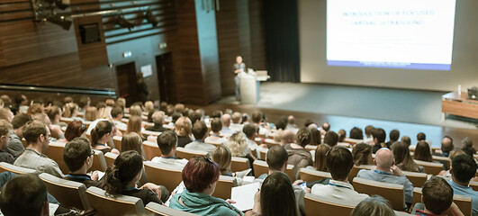 Image showing Business speaker giving a talk in conference hall.