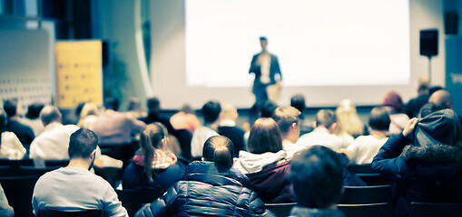 Image showing Business speaker giving a talk at business conference event.